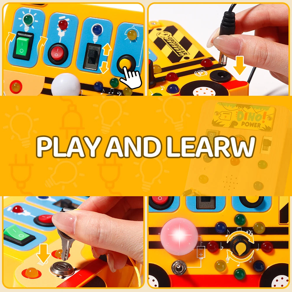 This interactive, school-bus-themed busy board learning toy features LED lights, switches, and realistic engine sound effects.