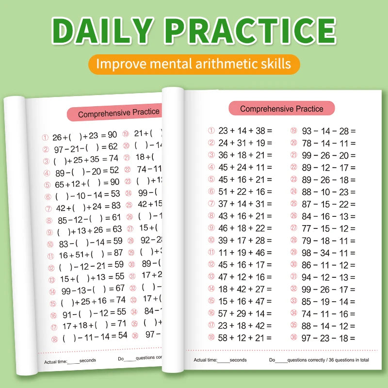 Children's Math Exercise Book, Math Improvement Tool: Addition and Subtraction Within 100, Ideal Math Education Workbook, Back-To-School Gift.