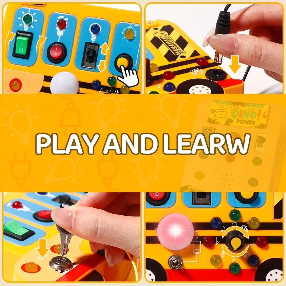This interactive, school-bus-themed busy board learning toy features LED lights, switches, and realistic engine sound effects.