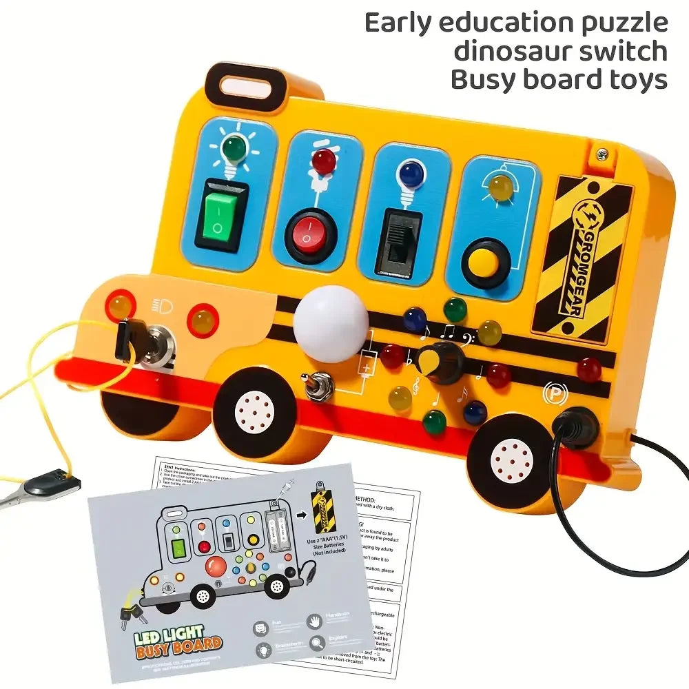 This interactive, school-bus-themed busy board learning toy features LED lights, switches, and realistic engine sound effects.