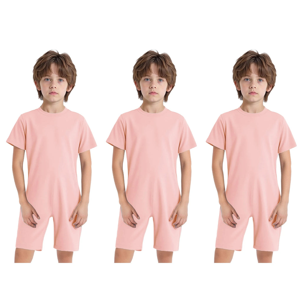 Children Boys Girls 3Pcs Set Autism Special Needs Adaptive Clothing Short Sleeve Back Zipper Anti-strip Solid Color Bodysuit