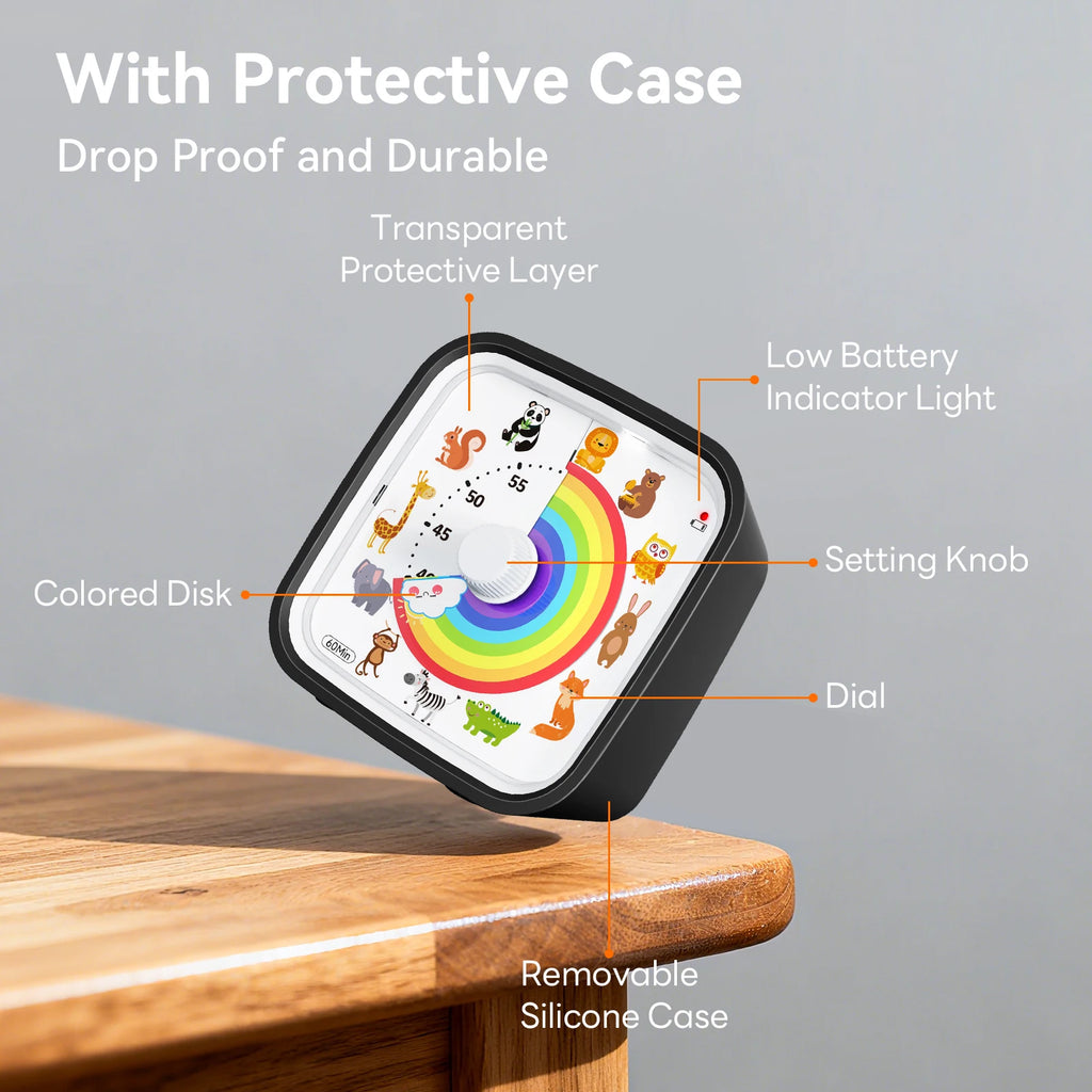 Visual Timer with Silicone Case, Land Animal Dial Countdown Timer with Optional Alarm, Silent Time Management Too