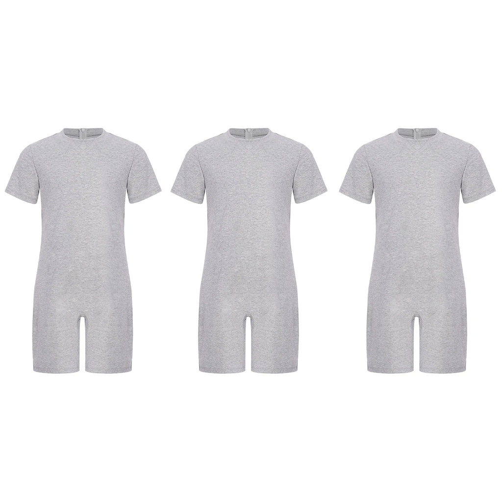 Children Boys Girls 3Pcs Set Autism Special Needs Adaptive Clothing Short Sleeve Back Zipper Anti-strip Solid Color Bodysuit