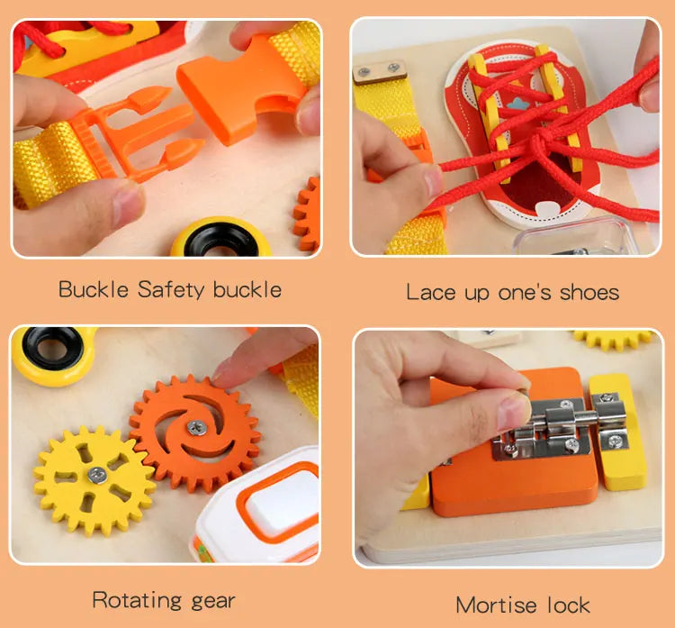 Hot Air Balloon Busy Board Wooden Sensory Toy With Gear Lock & Pull Rope Cognitive Activity Panel | Fine Motor Skills Training