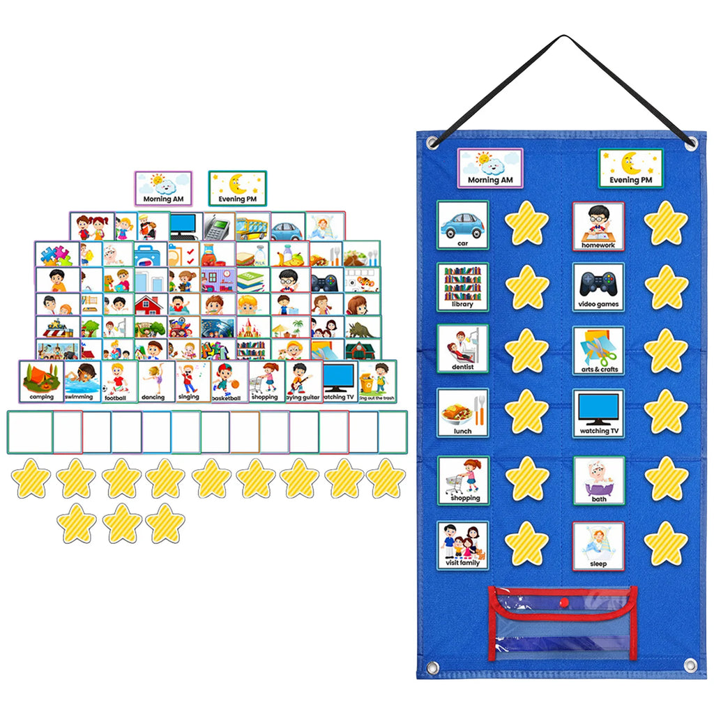 Standing Foldable Visual Schedule Chart for Kids Home School Wall Hanging with 72 Preprinted Cards 12 Star Cards Dry Erase Pen