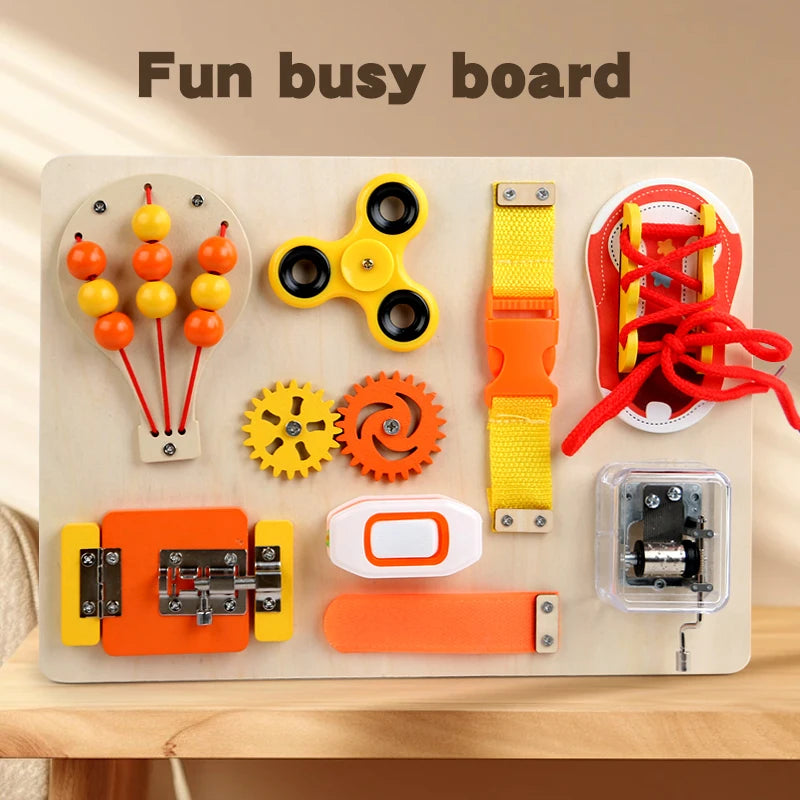 Hot Air Balloon Busy Board Wooden Sensory Toy With Gear Lock & Pull Rope Cognitive Activity Panel | Fine Motor Skills Training