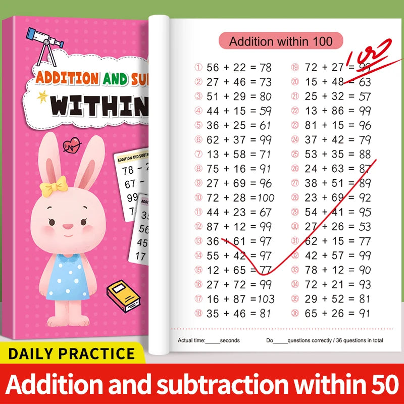 Children's Math Exercise Book, Math Improvement Tool: Addition and Subtraction Within 100, Ideal Math Education Workbook, Back-To-School Gift.