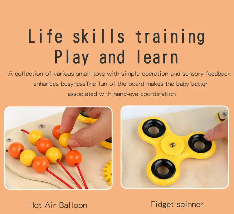 Hot Air Balloon Busy Board Wooden Sensory Toy With Gear Lock & Pull Rope Cognitive Activity Panel | Fine Motor Skills Training