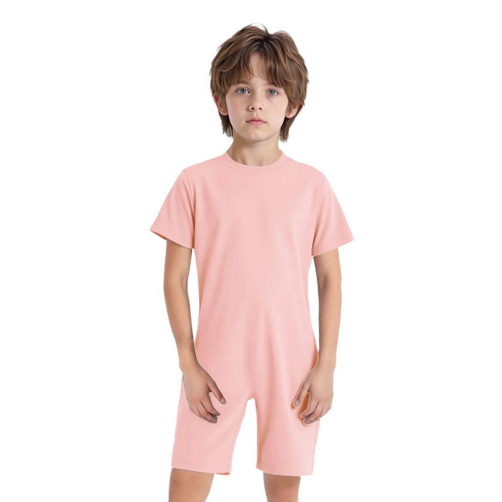 Children Boys Girls 3Pcs Set Autism Special Needs Adaptive Clothing Short Sleeve Back Zipper Anti-strip Solid Color Bodysuit