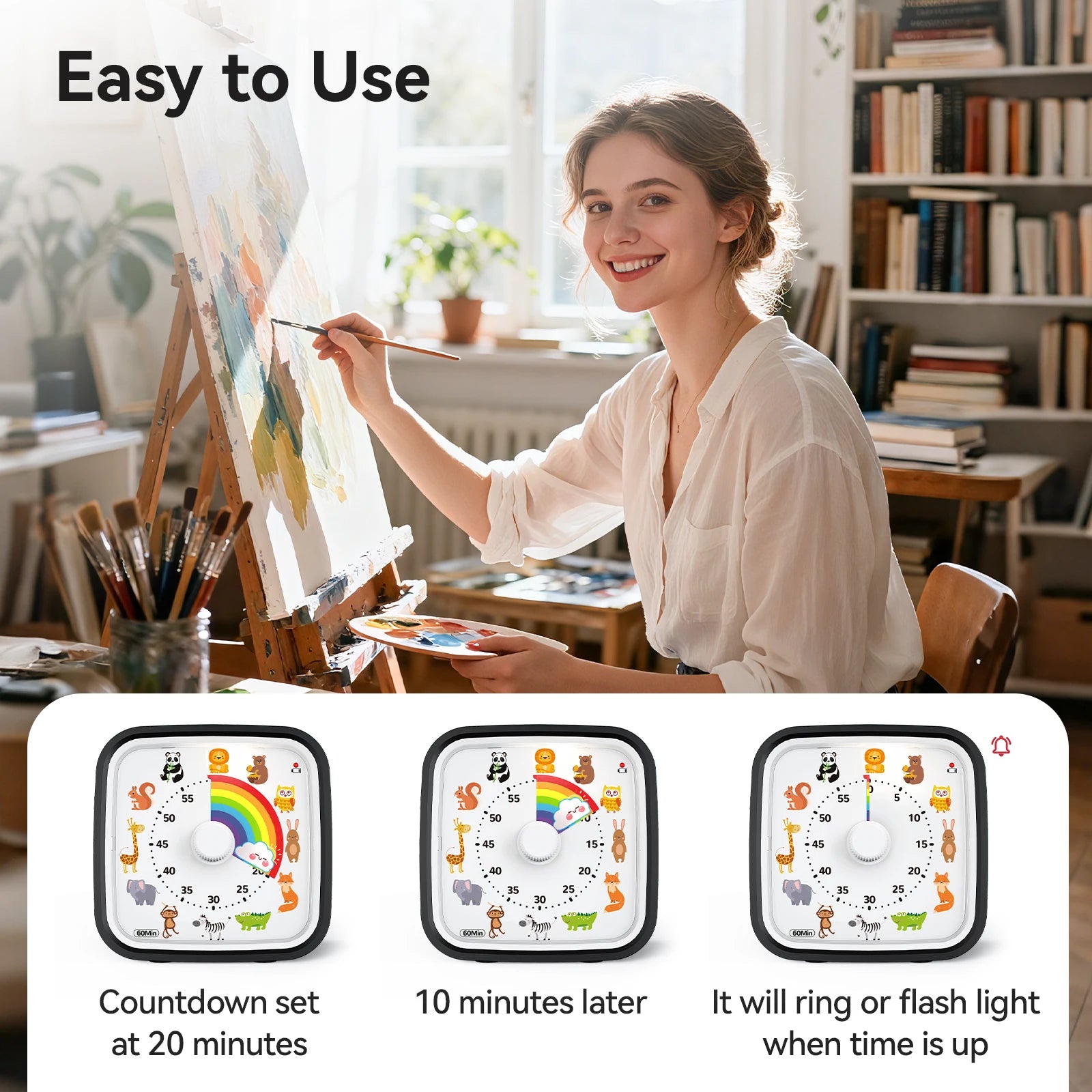 Visual Timer with Silicone Case, Land Animal Dial Countdown Timer with Optional Alarm, Silent Time Management Too