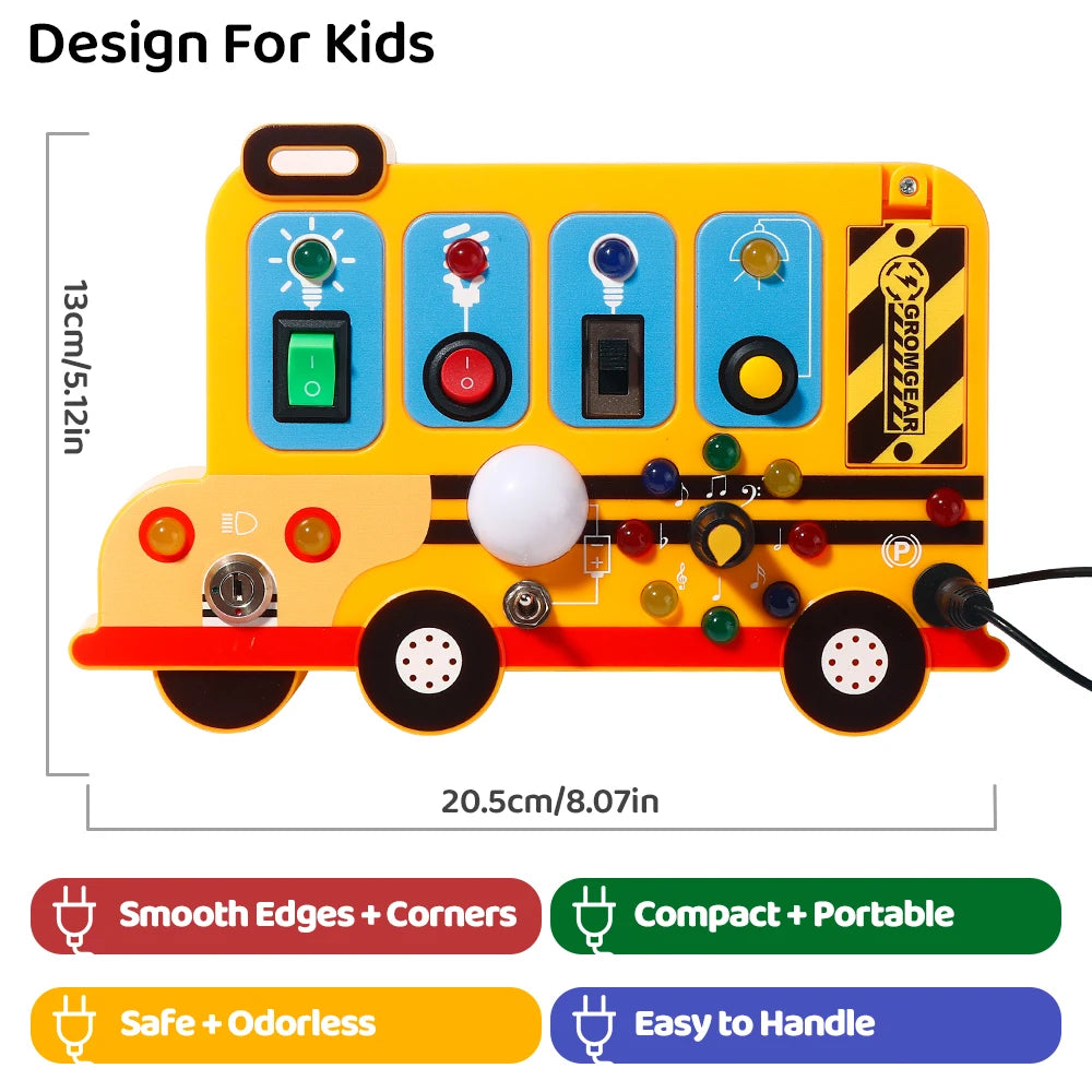 This interactive, school-bus-themed busy board learning toy features LED lights, switches, and realistic engine sound effects.