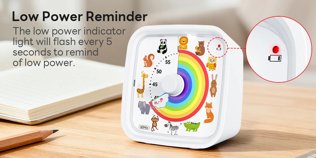 Visual Timer with Silicone Case, Land Animal Dial Countdown Timer with Optional Alarm, Silent Time Management Too