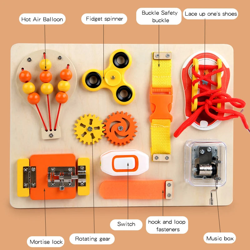 Hot Air Balloon Busy Board Wooden Sensory Toy With Gear Lock & Pull Rope Cognitive Activity Panel | Fine Motor Skills Training