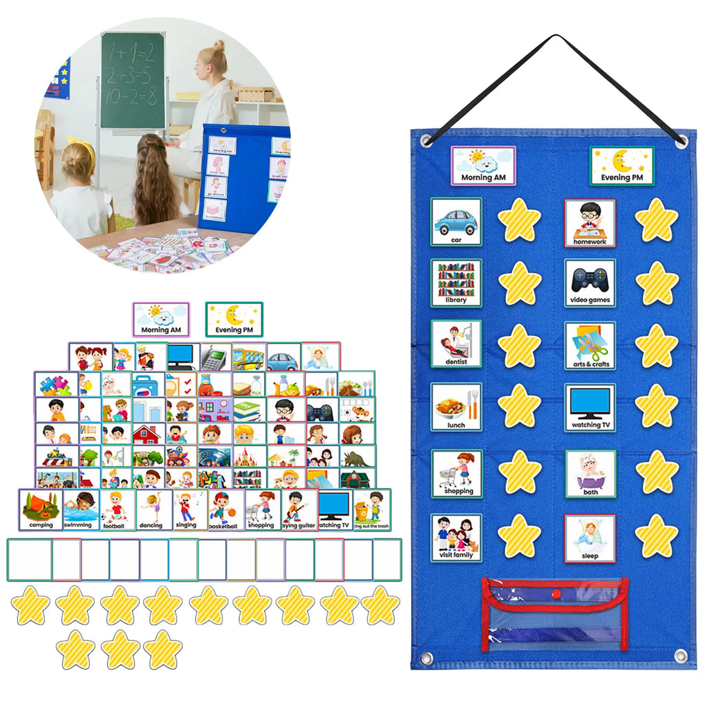 Standing Foldable Visual Schedule Chart for Kids Home School Wall Hanging with 72 Preprinted Cards 12 Star Cards Dry Erase Pen