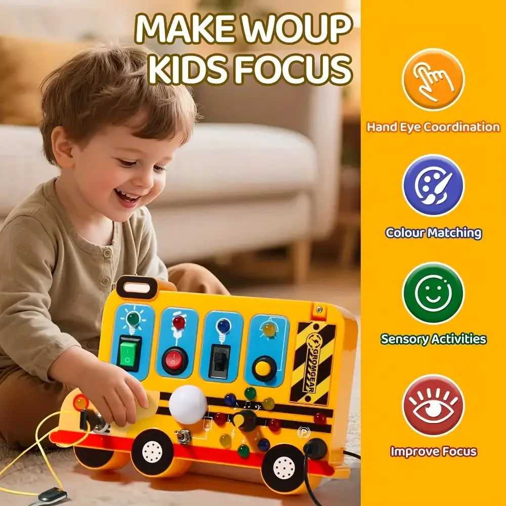 This interactive, school-bus-themed busy board learning toy features LED lights, switches, and realistic engine sound effects.