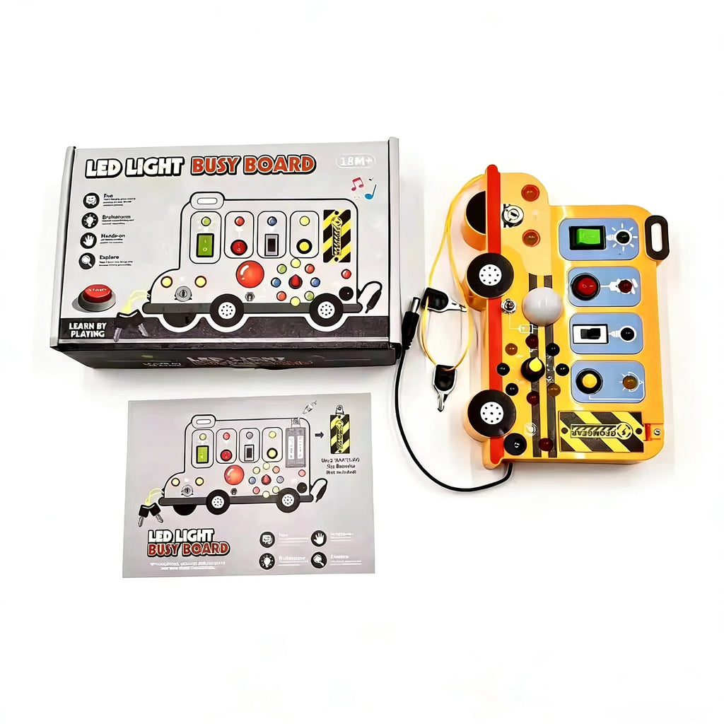 This interactive, school-bus-themed busy board learning toy features LED lights, switches, and realistic engine sound effects.