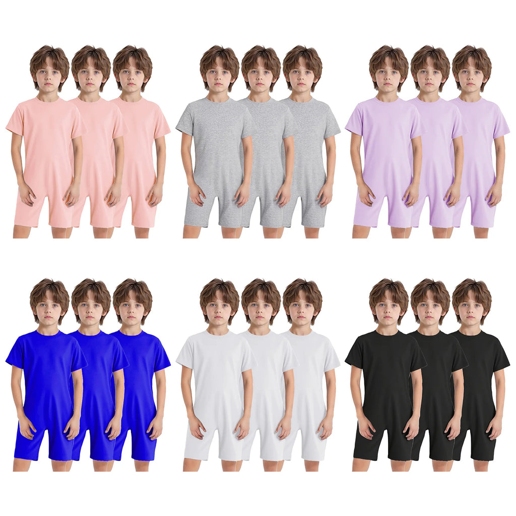 Children Boys Girls 3Pcs Set Autism Special Needs Adaptive Clothing Short Sleeve Back Zipper Anti-strip Solid Color Bodysuit
