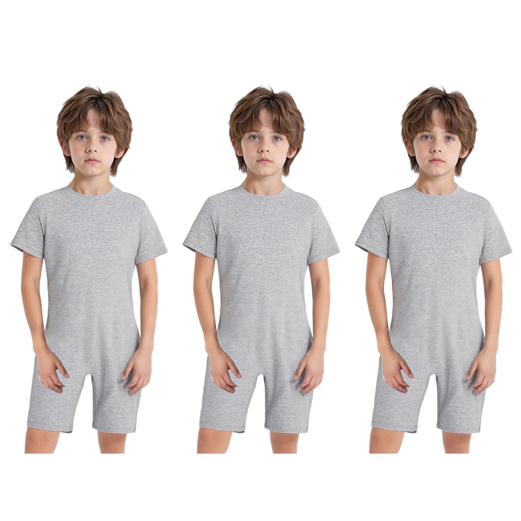 Children Boys Girls 3Pcs Set Autism Special Needs Adaptive Clothing Short Sleeve Back Zipper Anti-strip Solid Color Bodysuit