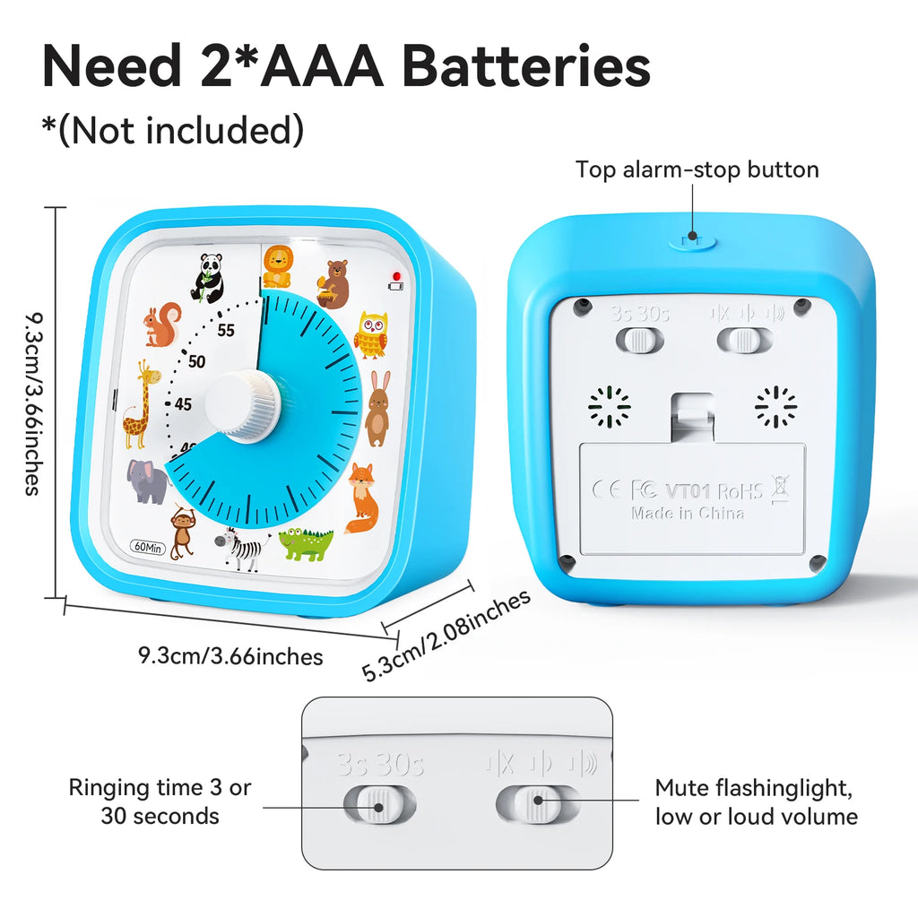 Visual Timer with Silicone Case, Land Animal Dial Countdown Timer with Optional Alarm, Silent Time Management Too