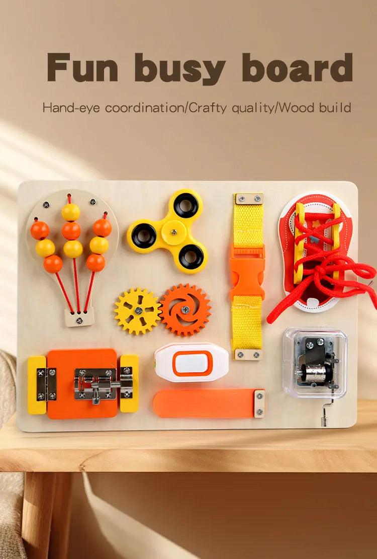 Hot Air Balloon Busy Board Wooden Sensory Toy With Gear Lock & Pull Rope Cognitive Activity Panel | Fine Motor Skills Training