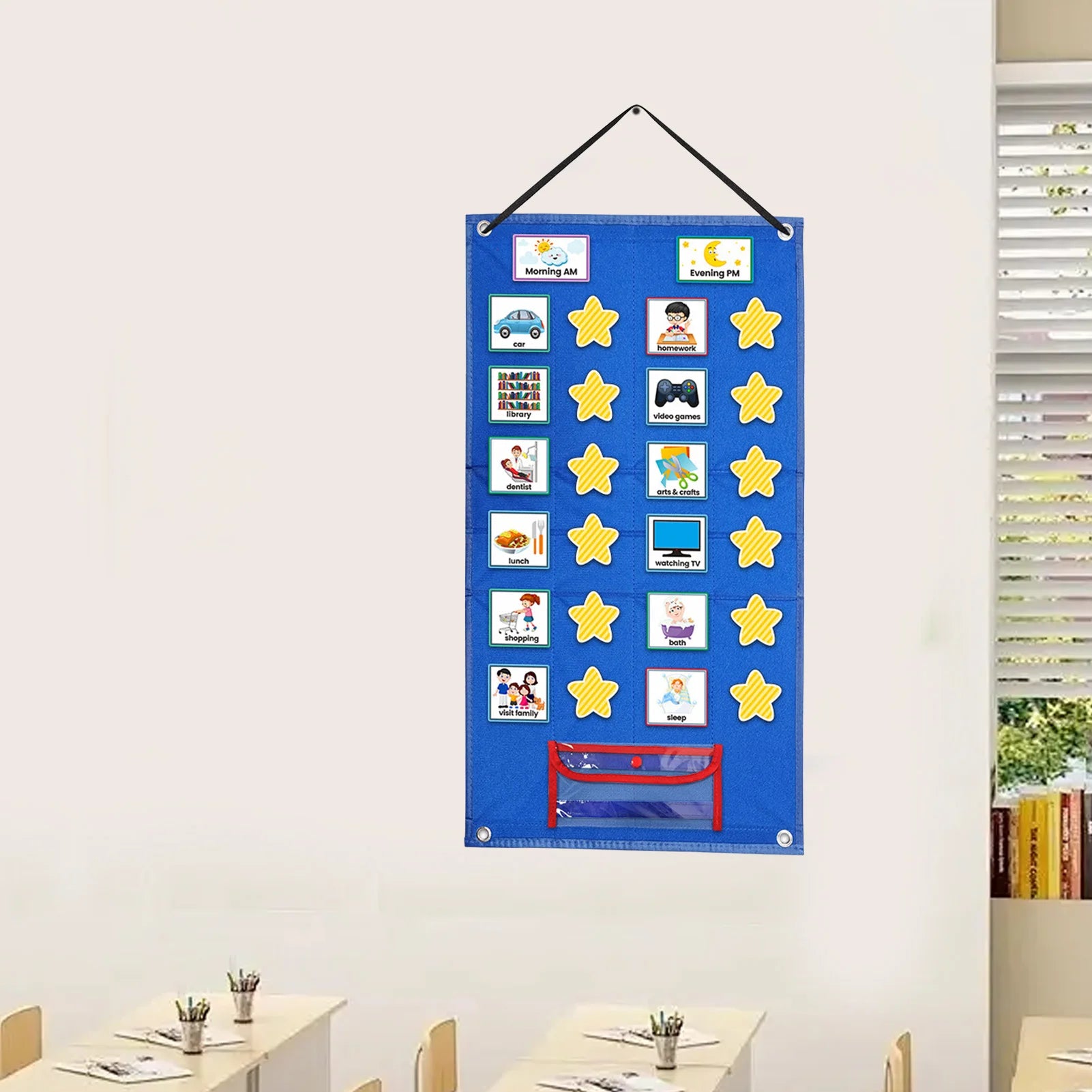 Standing Foldable Visual Schedule Chart for Kids Home School Wall Hanging with 72 Preprinted Cards 12 Star Cards Dry Erase Pen
