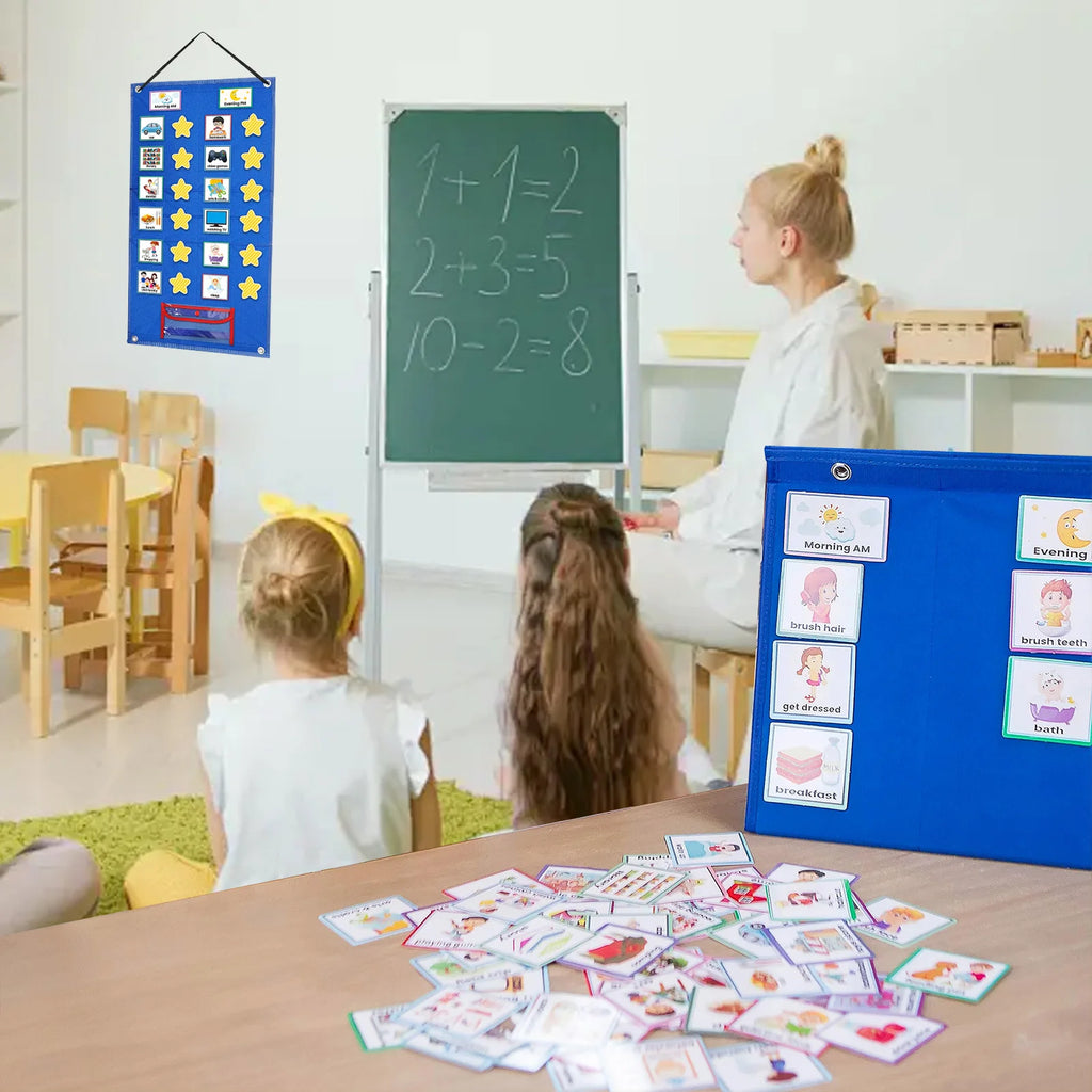 Standing Foldable Visual Schedule Chart for Kids Home School Wall Hanging with 72 Preprinted Cards 12 Star Cards Dry Erase Pen