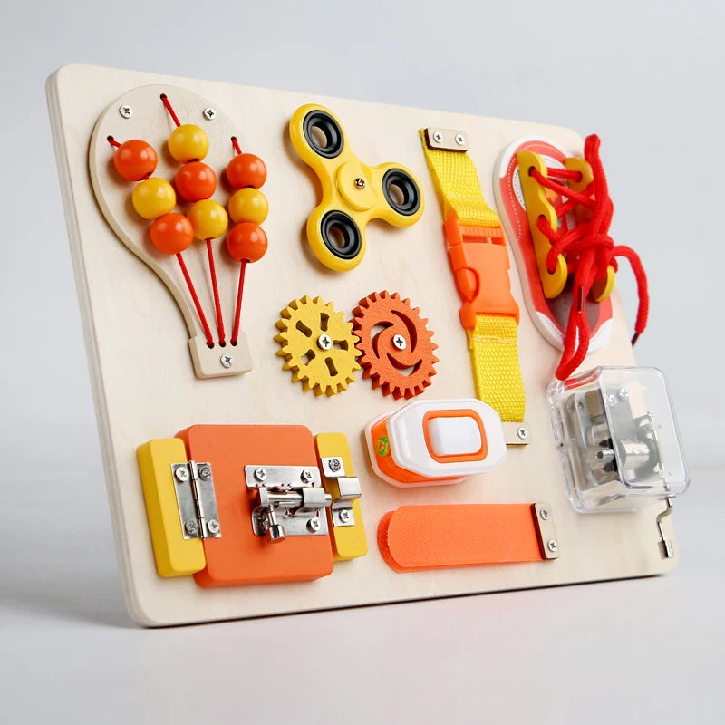 Hot Air Balloon Busy Board Wooden Sensory Toy With Gear Lock & Pull Rope Cognitive Activity Panel | Fine Motor Skills Training