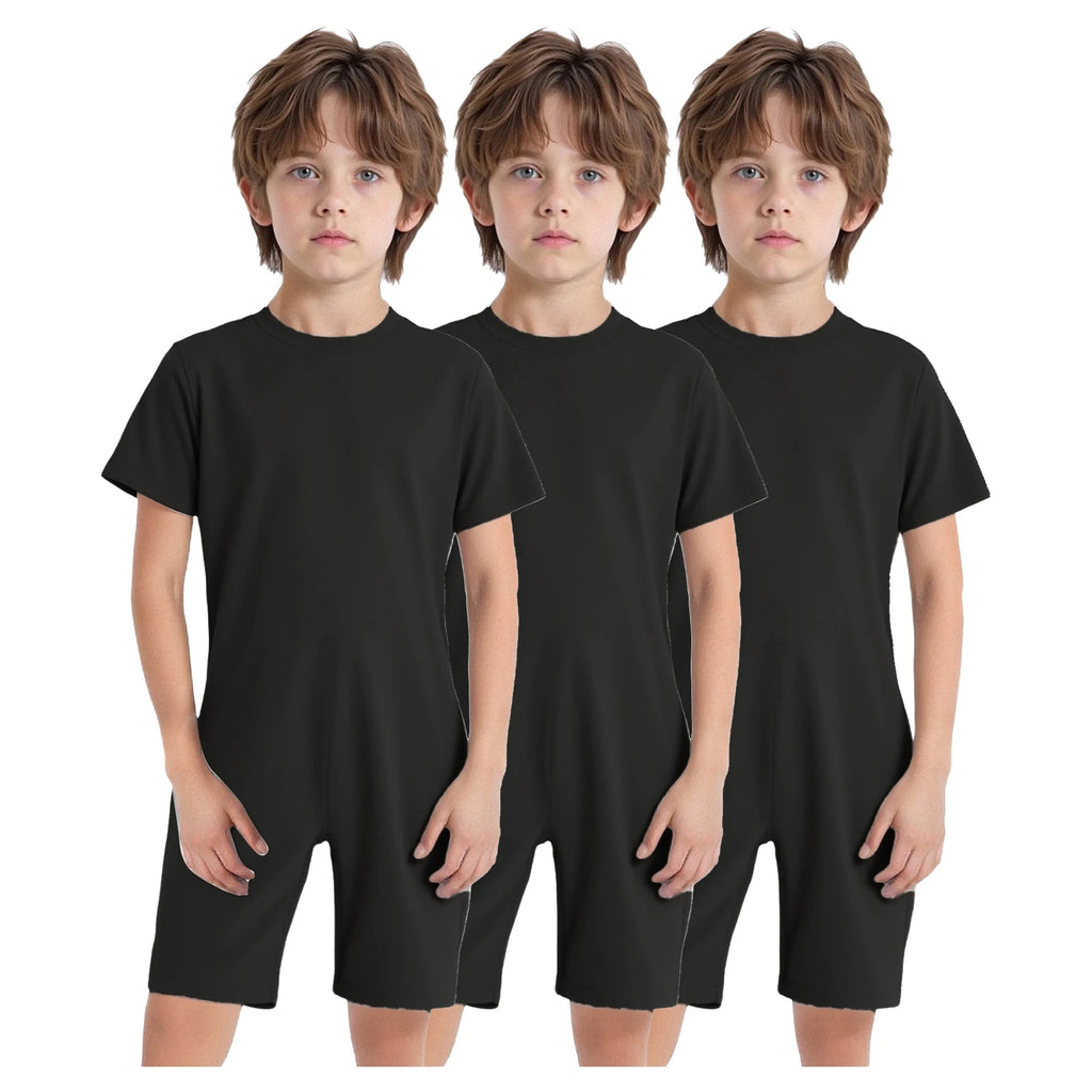 Children Boys Girls 3Pcs Set Autism Special Needs Adaptive Clothing Short Sleeve Back Zipper Anti-strip Solid Color Bodysuit