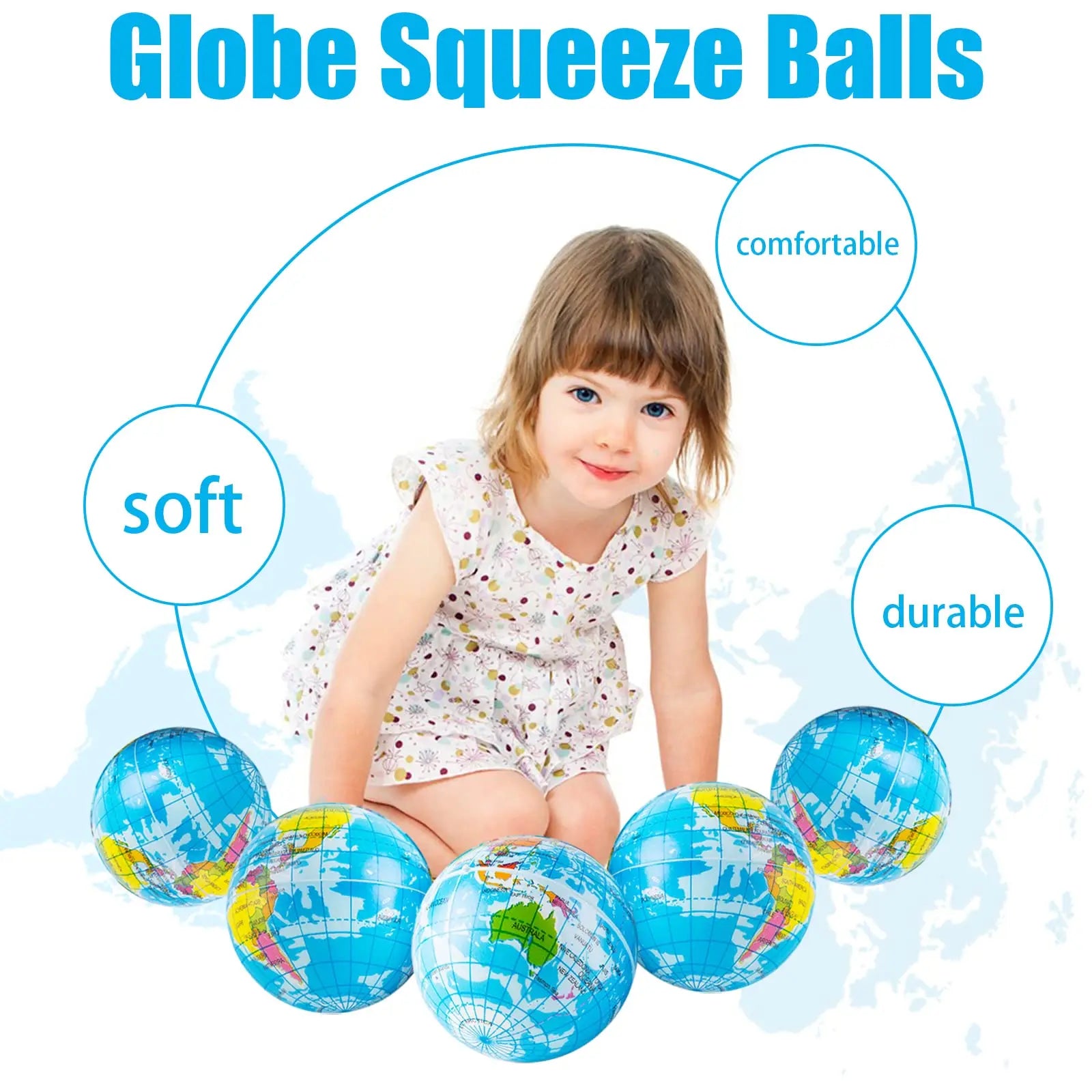 Spherical squeeze ball 2.5 inch elastic earth ball soft earth ball mini foam globe squeeze pressure ball for Kids Birthday party