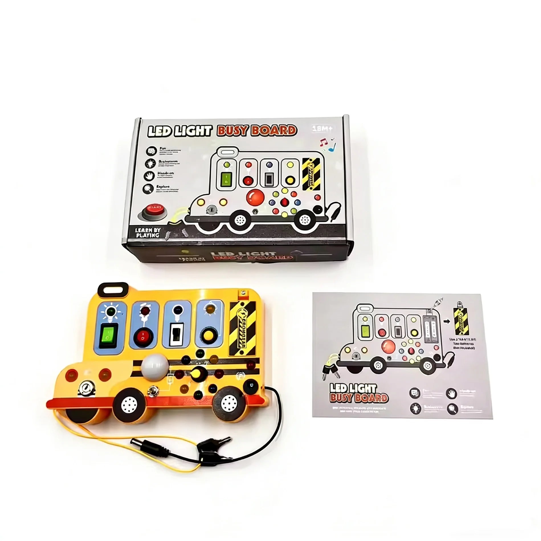 This interactive, school-bus-themed busy board learning toy features LED lights, switches, and realistic engine sound effects.