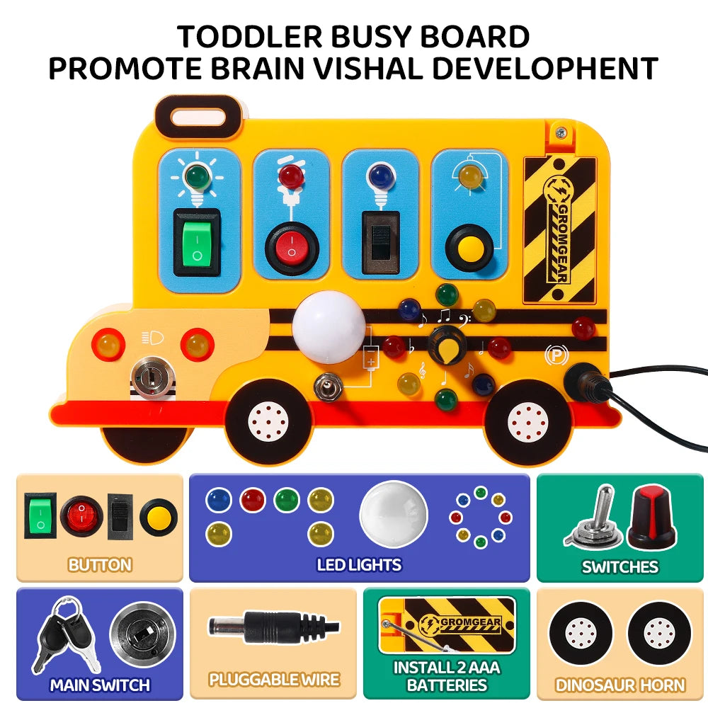 This interactive, school-bus-themed busy board learning toy features LED lights, switches, and realistic engine sound effects.