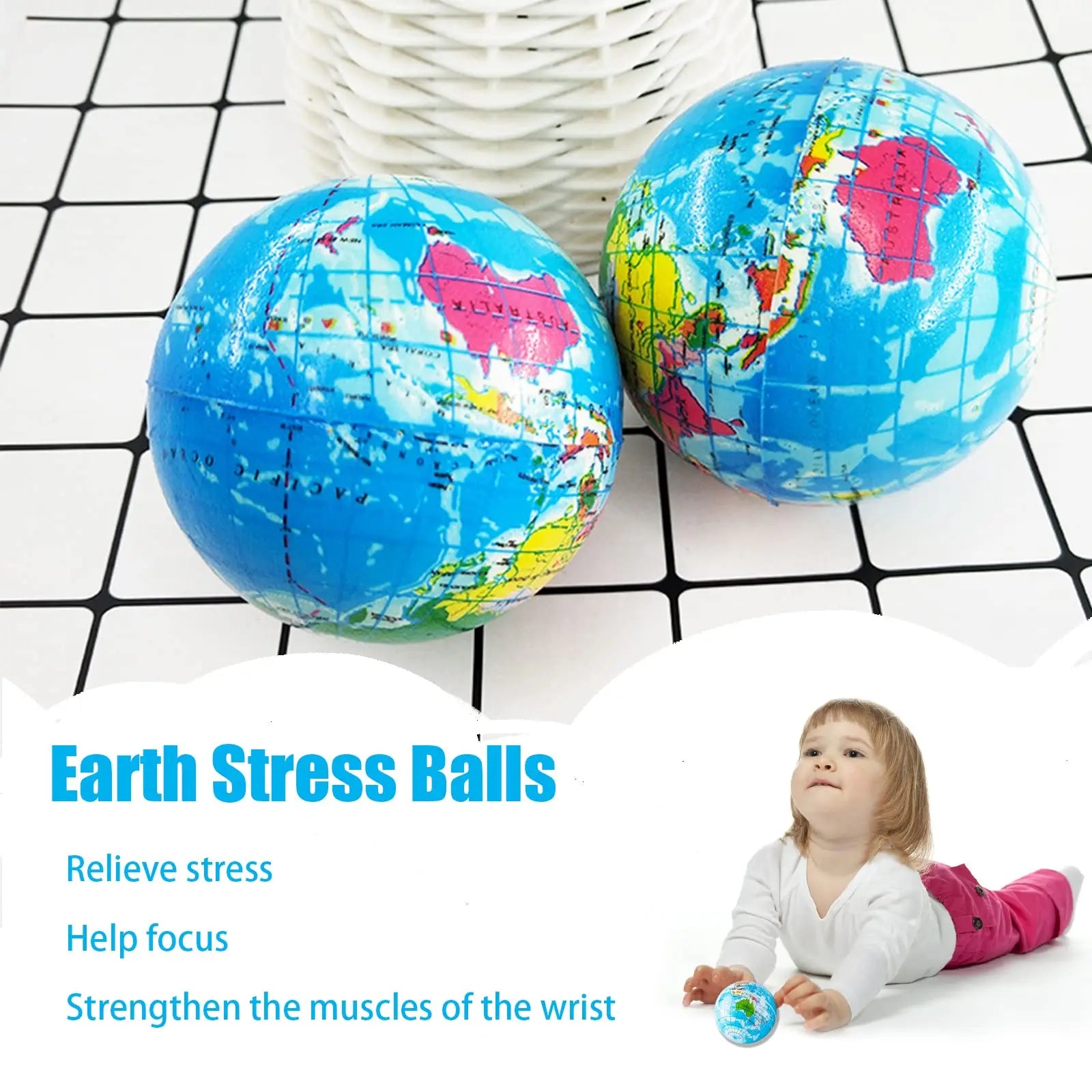 Spherical squeeze ball 2.5 inch elastic earth ball soft earth ball mini foam globe squeeze pressure ball for Kids Birthday party