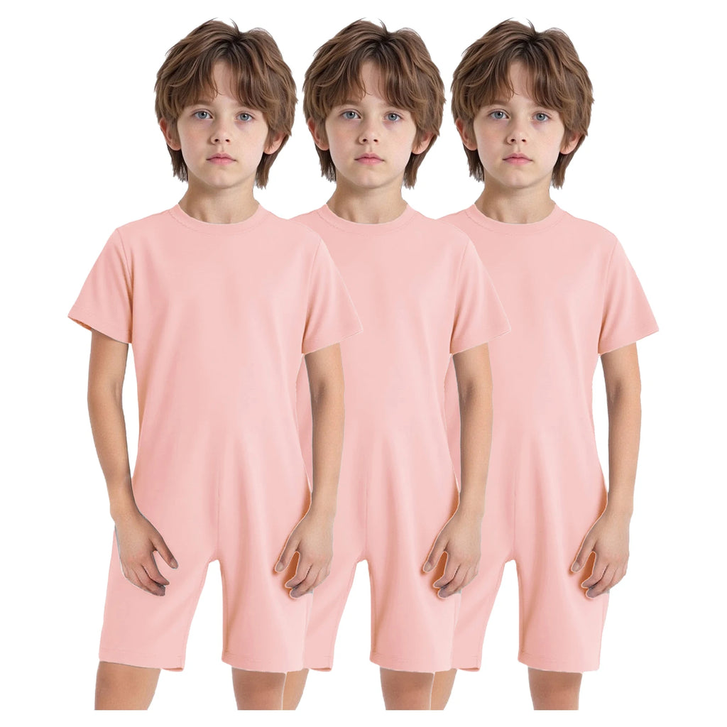 Children Boys Girls 3Pcs Set Autism Special Needs Adaptive Clothing Short Sleeve Back Zipper Anti-strip Solid Color Bodysuit