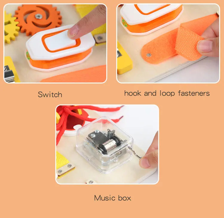 Hot Air Balloon Busy Board Wooden Sensory Toy With Gear Lock & Pull Rope Cognitive Activity Panel | Fine Motor Skills Training