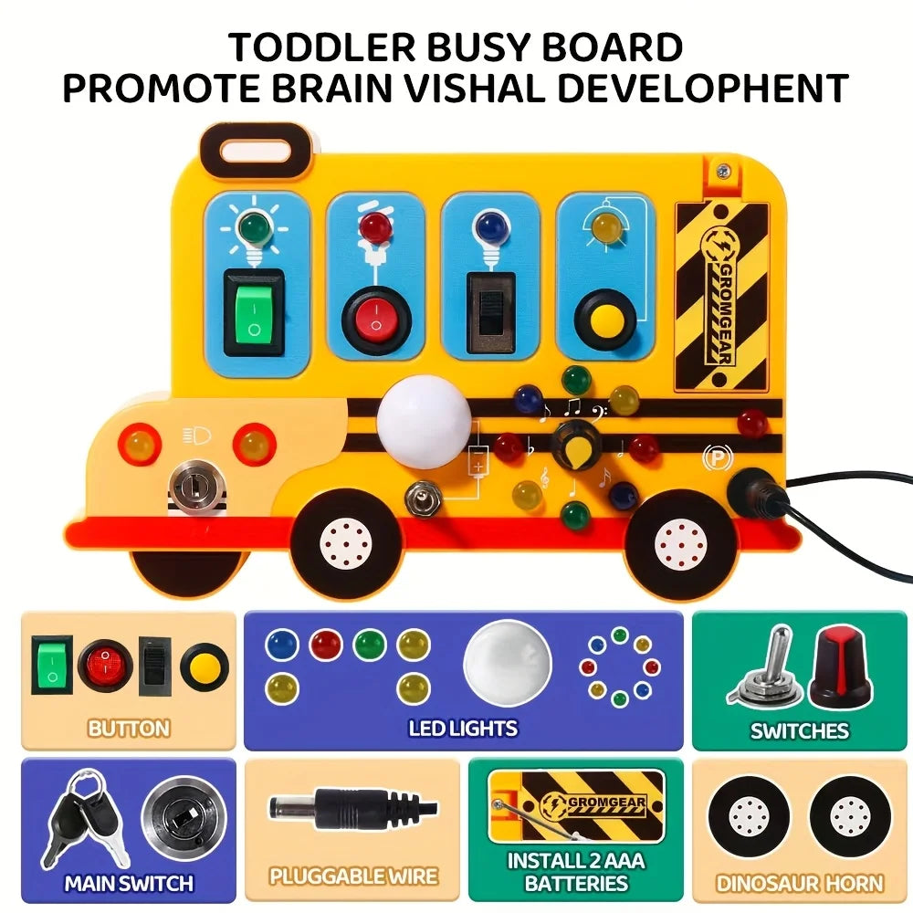 This interactive, school-bus-themed busy board learning toy features LED lights, switches, and realistic engine sound effects.