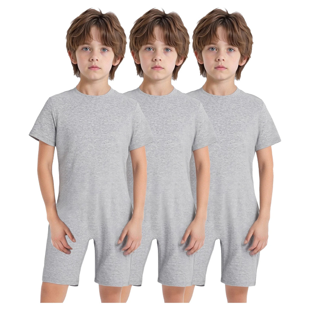 Children Boys Girls 3Pcs Set Autism Special Needs Adaptive Clothing Short Sleeve Back Zipper Anti-strip Solid Color Bodysuit