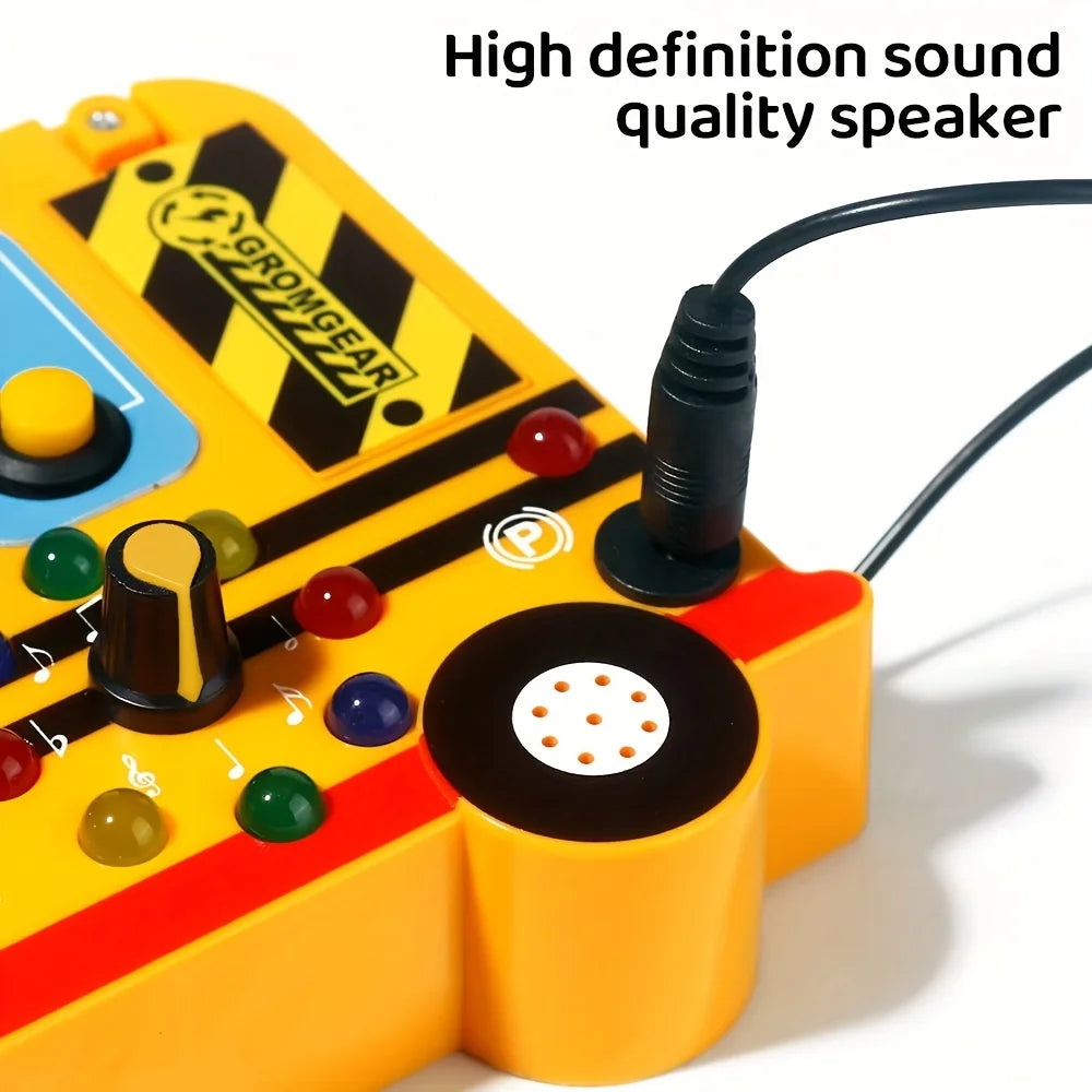 This interactive, school-bus-themed busy board learning toy features LED lights, switches, and realistic engine sound effects.