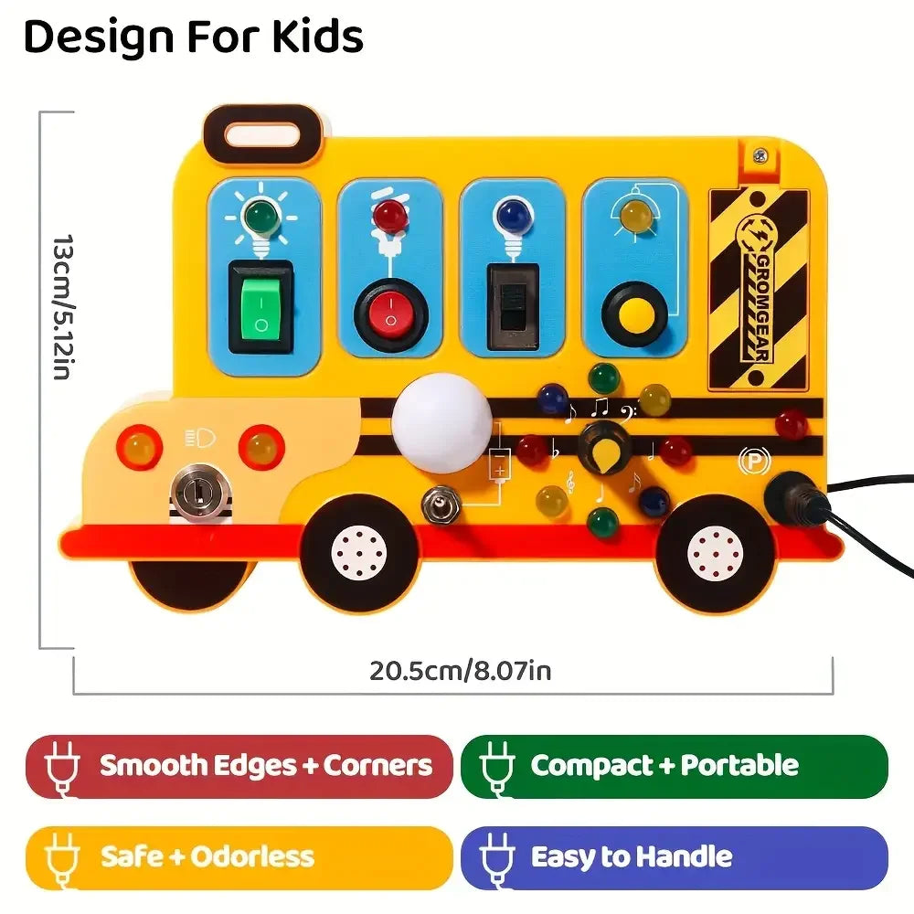 This interactive, school-bus-themed busy board learning toy features LED lights, switches, and realistic engine sound effects.